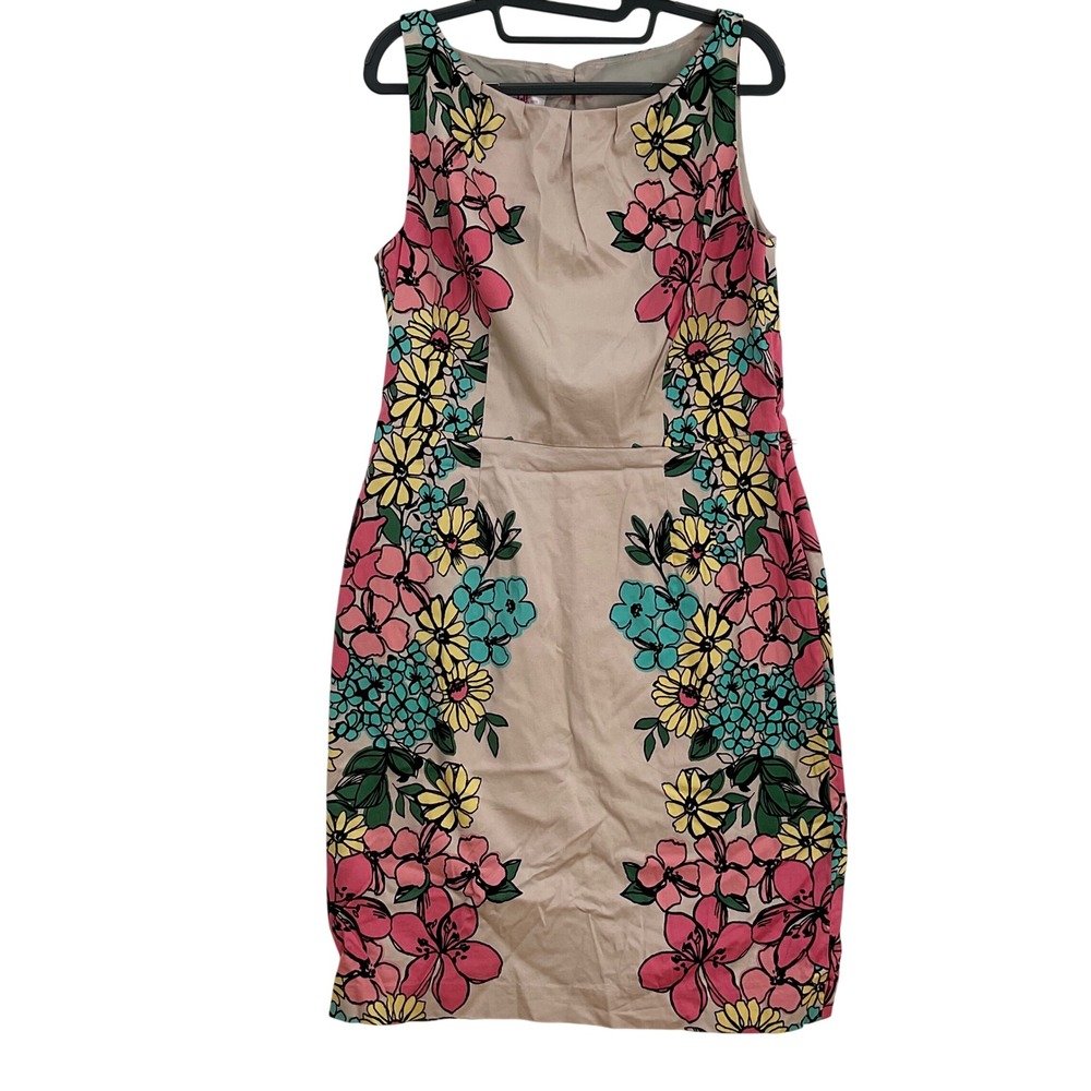9&Co Floral‎ Sheath Dress Tan Pink Yellow Sleeveless Cotton Blend Size 14